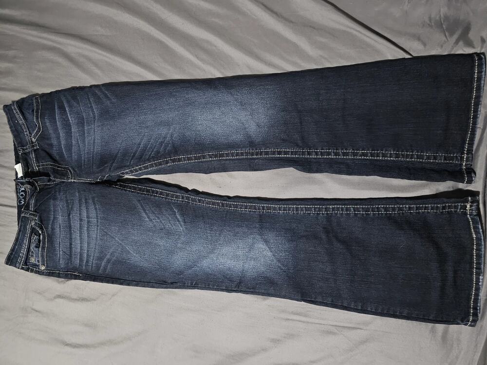 Dark wash straight leg jeans with contrast stitching